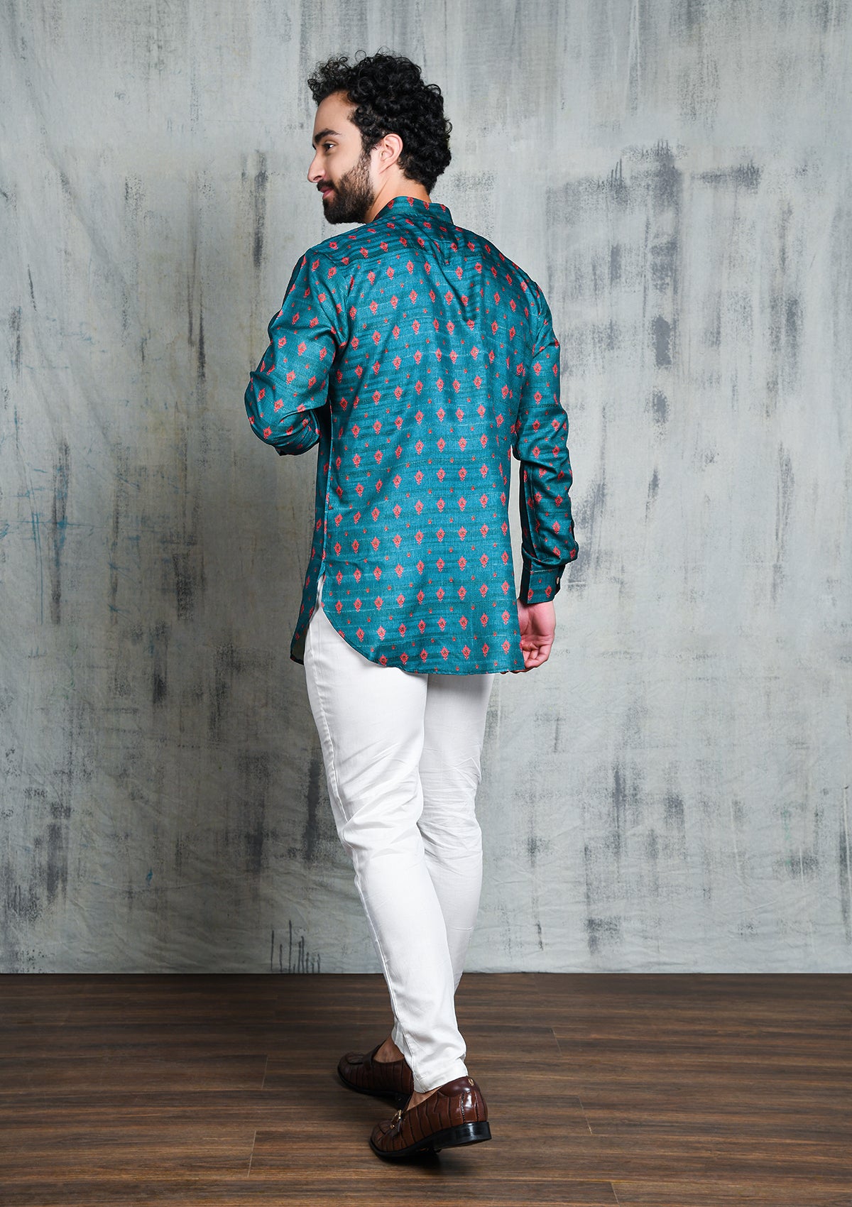 TURQUOISE BLUE WITH PINK PETAL PRINT SHORT BUTTON UP KURTA
