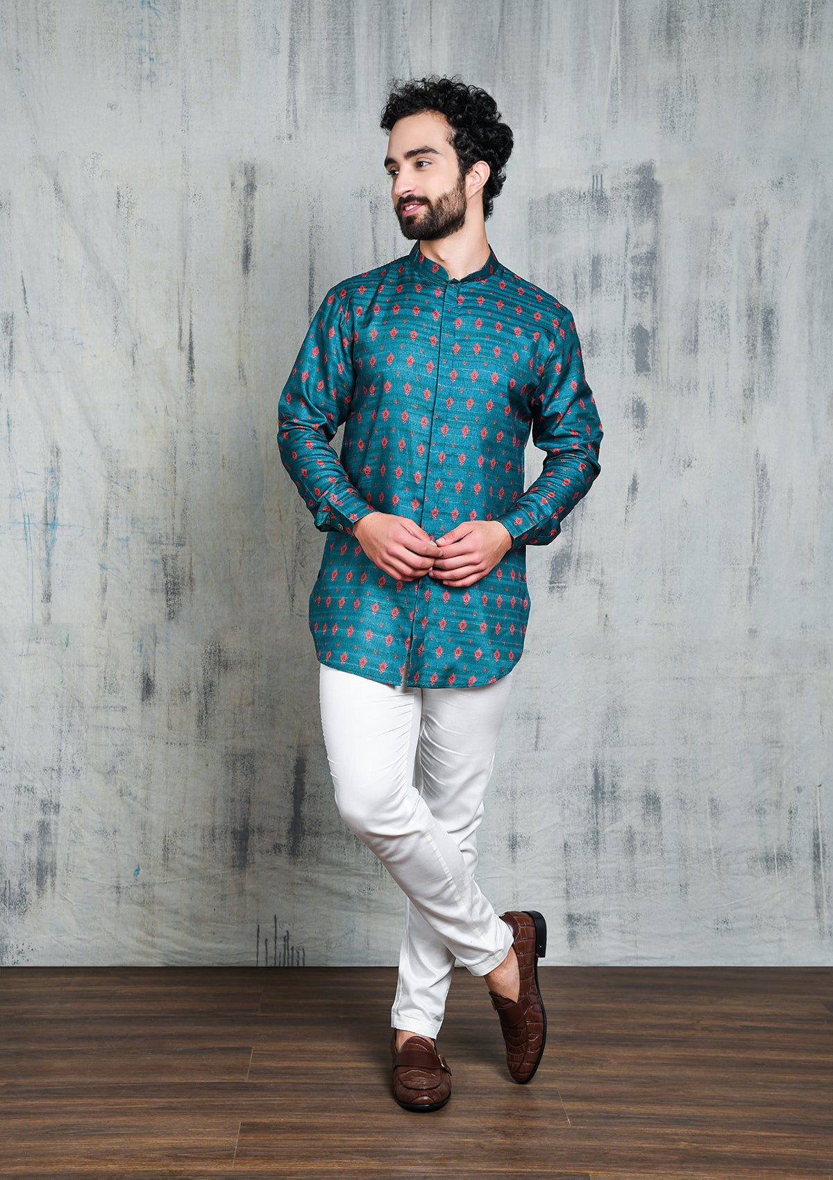 TURQUOISE BLUE WITH PINK PETAL PRINT SHORT BUTTON UP KURTA