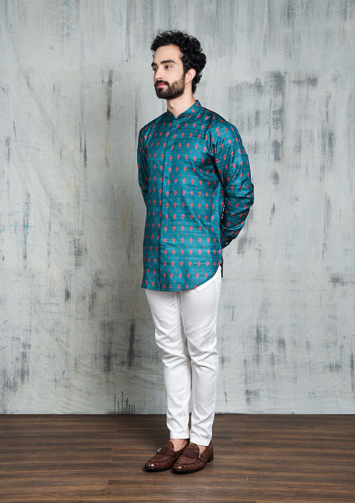 TURQUOISE BLUE WITH PINK PETAL PRINT SHORT BUTTON UP KURTA