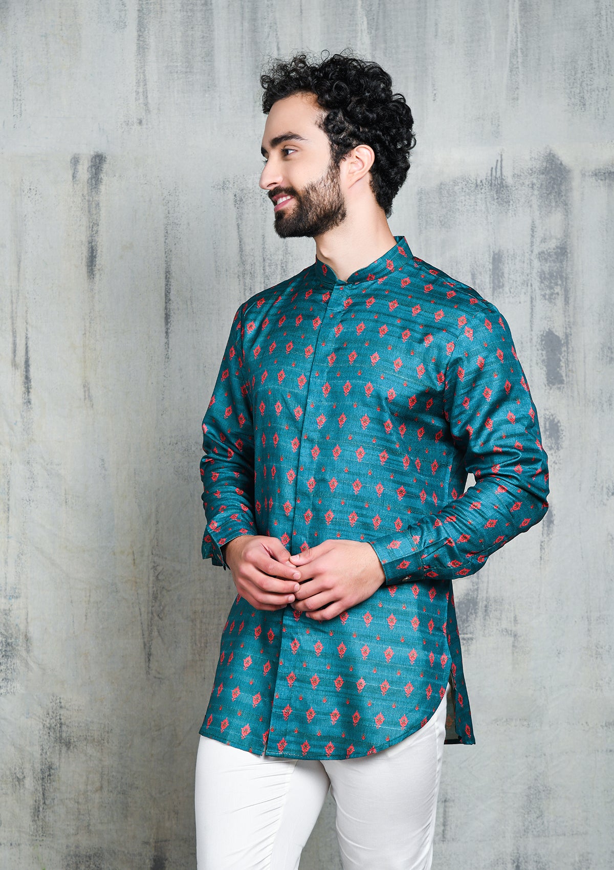 TURQUOISE BLUE WITH PINK PETAL PRINT SHORT BUTTON UP KURTA