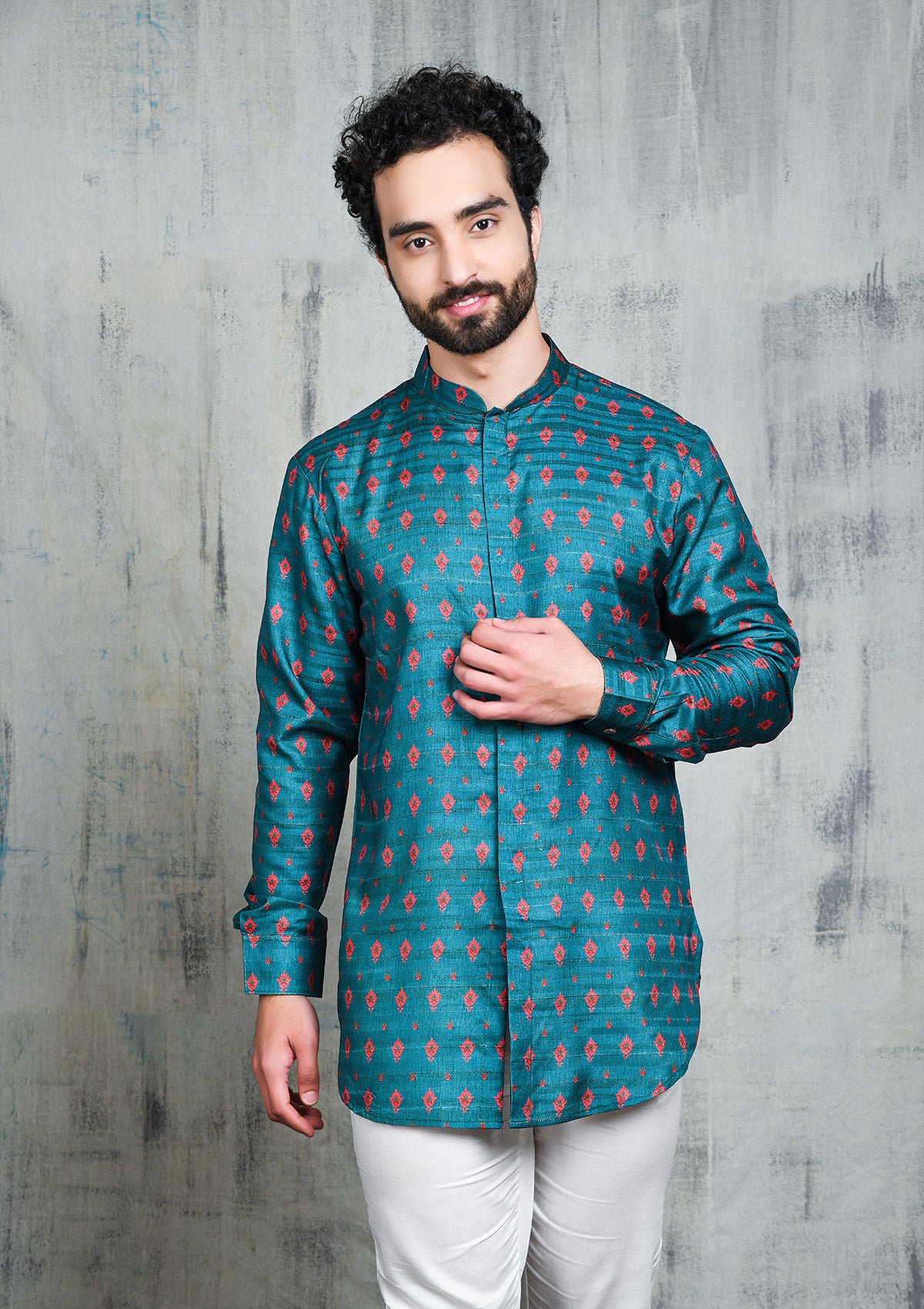 TURQUOISE BLUE WITH PINK PETAL PRINT SHORT BUTTON UP KURTA