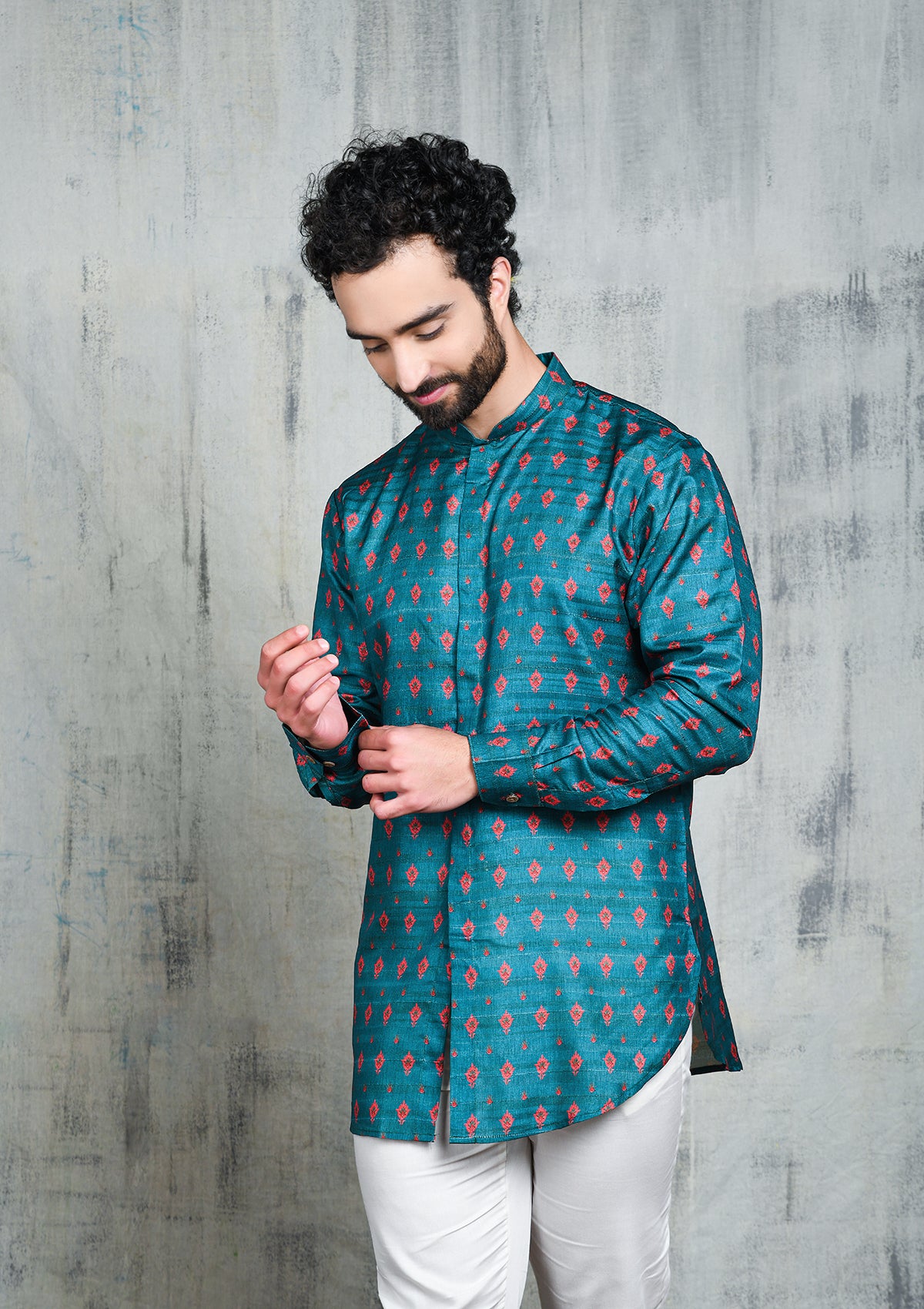 TURQUOISE BLUE WITH PINK PETAL PRINT SHORT BUTTON UP KURTA