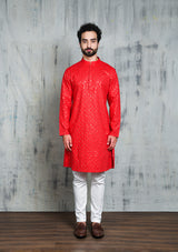 EMBROIDERED SCARLET RED KURTA PYJAMA SET WITH ALL OVER SEQUIN DESIGN