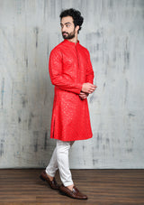 EMBROIDERED SCARLET RED KURTA PYJAMA SET WITH ALL OVER SEQUIN DESIGN