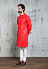 EMBROIDERED SCARLET RED KURTA PYJAMA SET WITH ALL OVER SEQUIN DESIGN