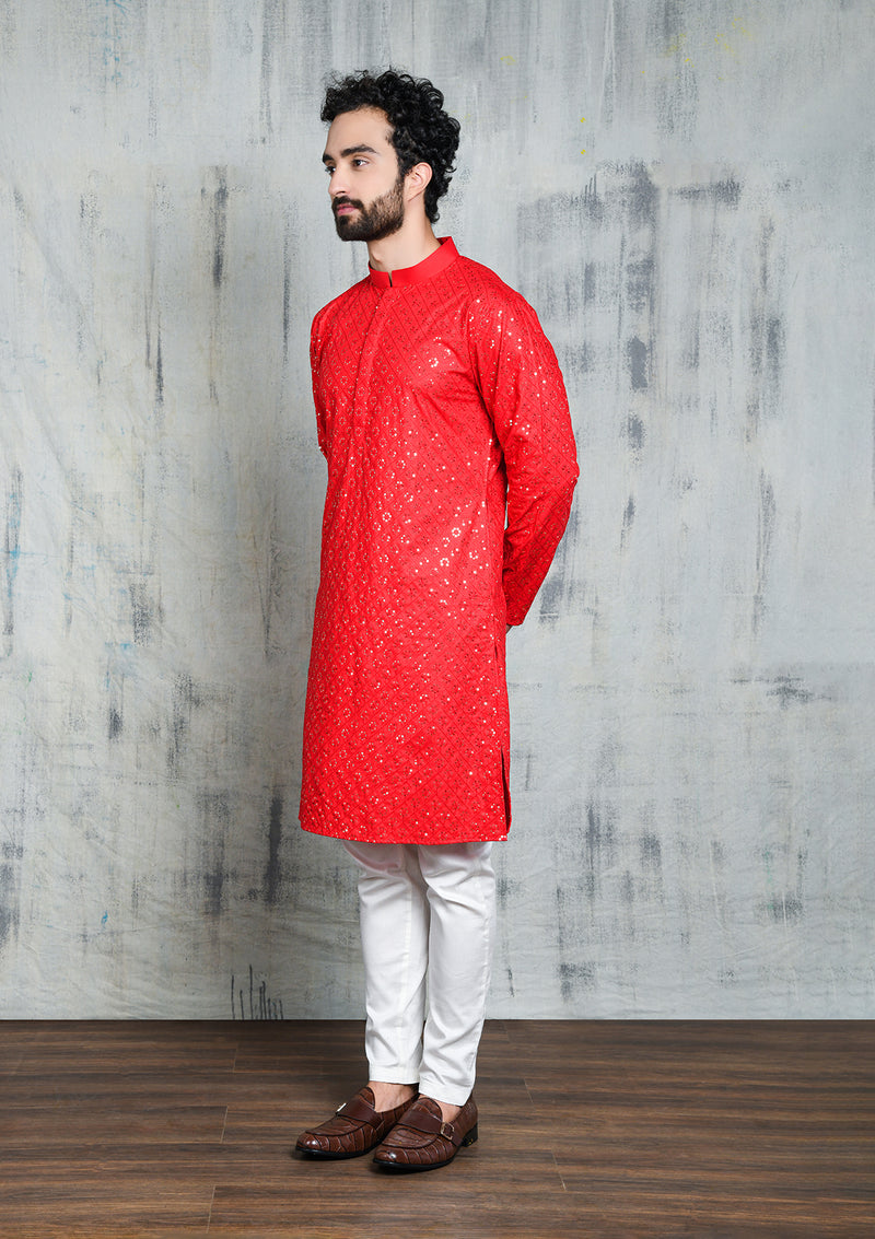 EMBROIDERED SCARLET RED KURTA PYJAMA SET WITH ALL OVER SEQUIN DESIGN