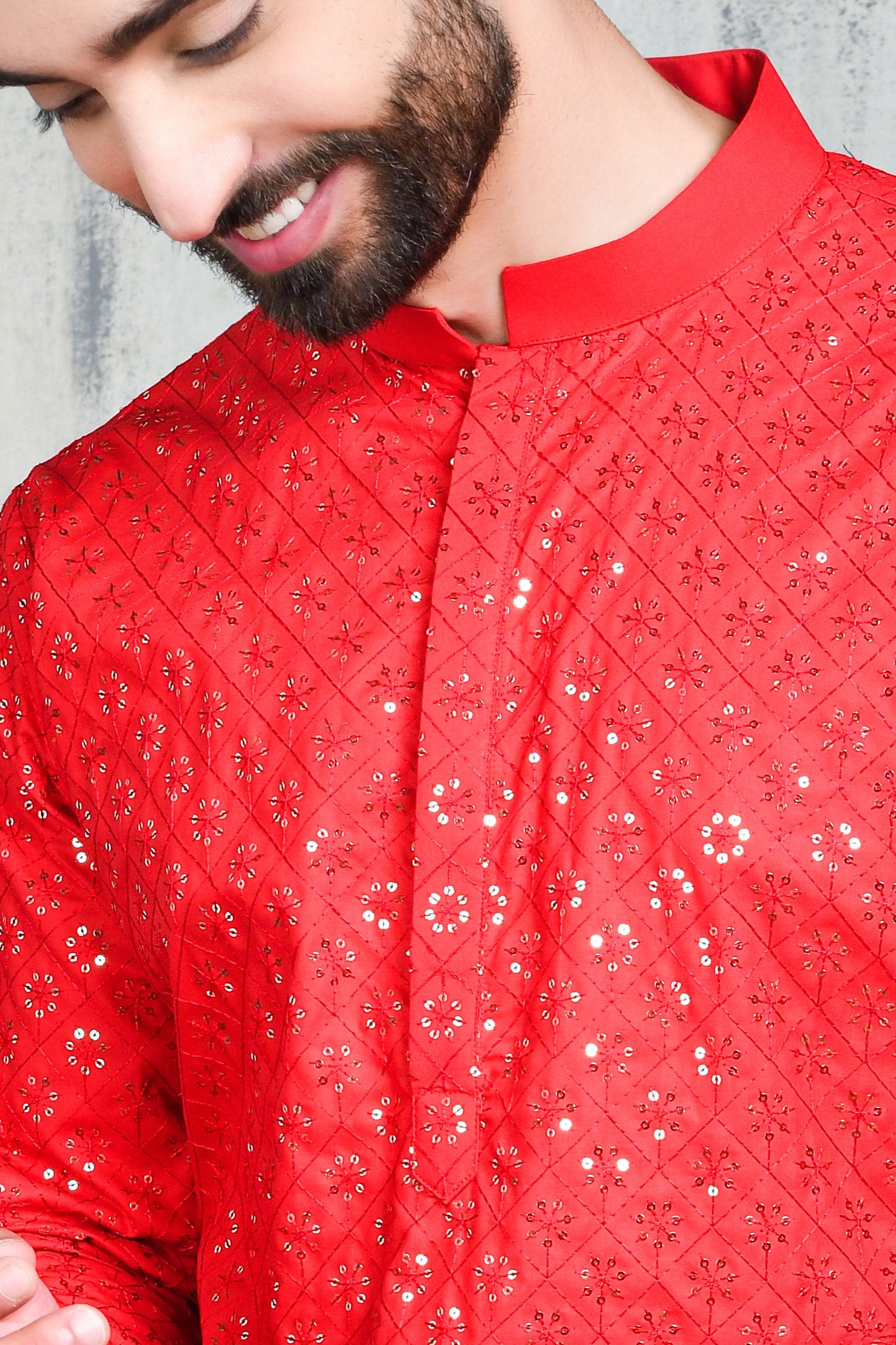 EMBROIDERED SCARLET RED KURTA PYJAMA SET WITH ALL OVER SEQUIN DESIGN