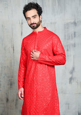 EMBROIDERED SCARLET RED KURTA PYJAMA SET WITH ALL OVER SEQUIN DESIGN