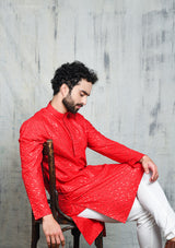 EMBROIDERED SCARLET RED KURTA PYJAMA SET WITH ALL OVER SEQUIN DESIGN