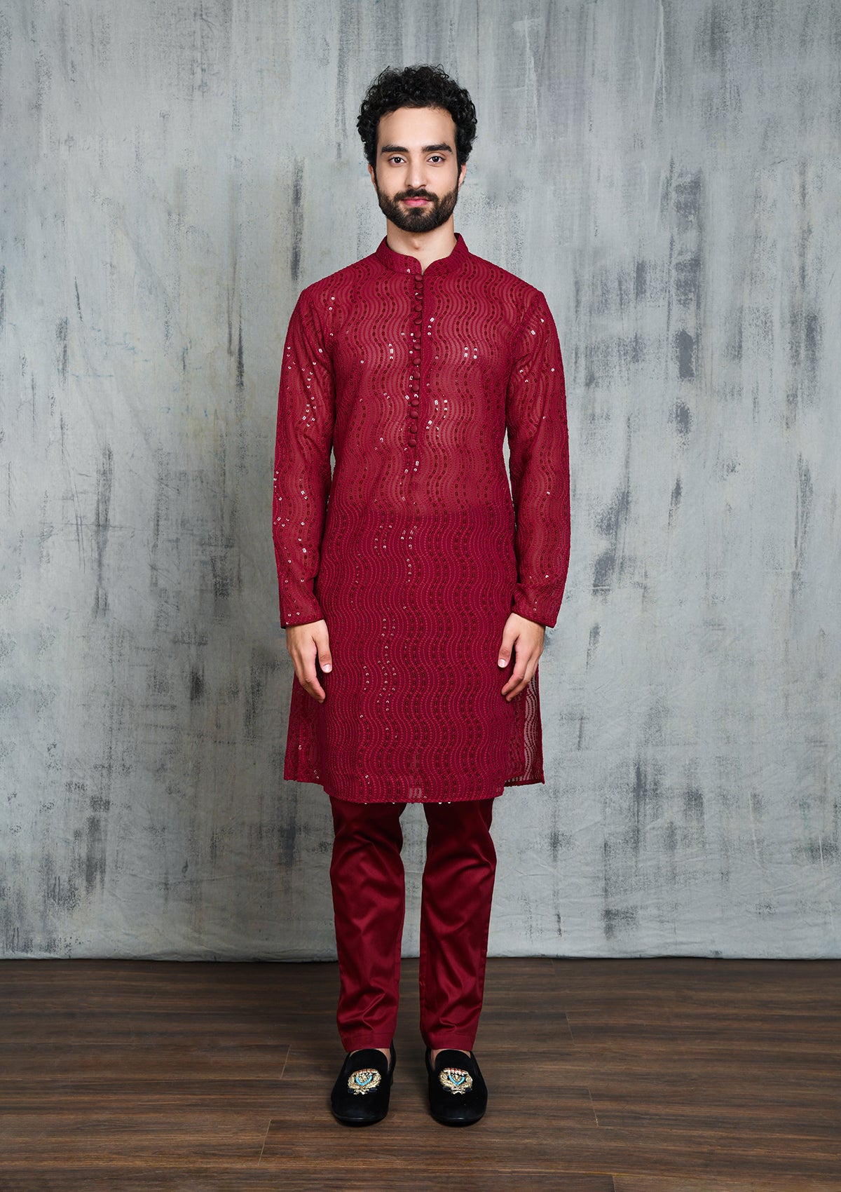 MAROON GEORGETTE CHIKANKARI LUCKNOWI LAKHNAVI KURTA PAJAMA SET WITH SEQUINS EMBROIDERY FOR MEN