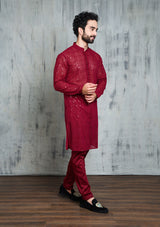 MAROON GEORGETTE ALL OVER SEQUINS EMBROIDERY KURTA PYJAMA SET