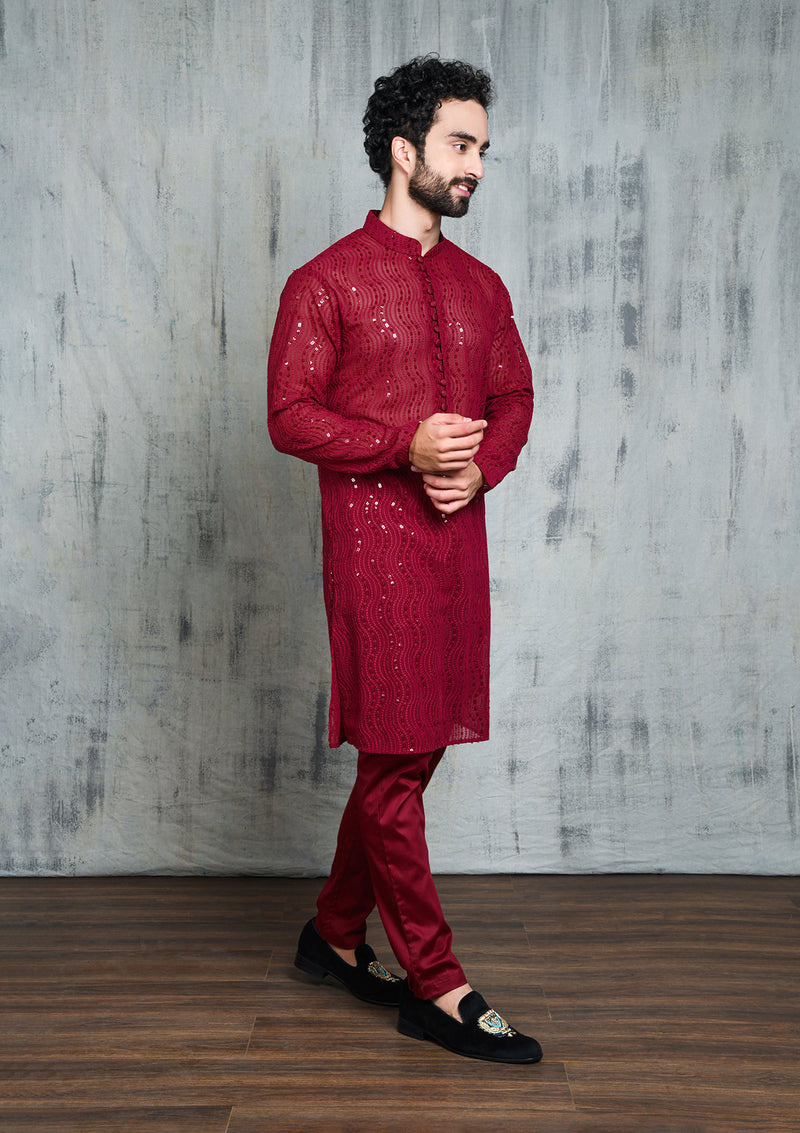 MAROON GEORGETTE ALL OVER SEQUINS EMBROIDERY KURTA PYJAMA SET