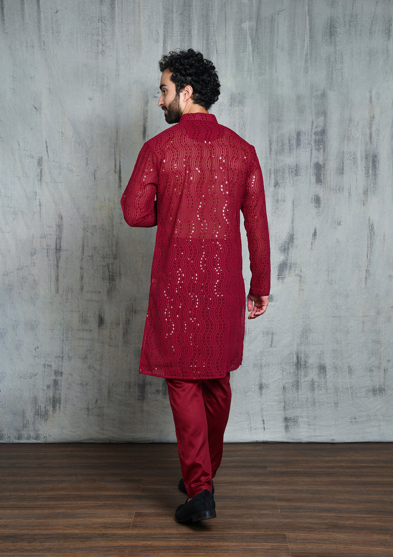 MAROON GEORGETTE ALL OVER SEQUINS EMBROIDERY KURTA PYJAMA SET