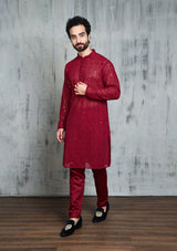 MAROON GEORGETTE ALL OVER SEQUINS EMBROIDERY KURTA PYJAMA SET