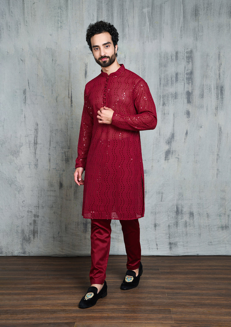 MAROON GEORGETTE ALL OVER SEQUINS EMBROIDERY KURTA PYJAMA SET