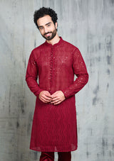 MAROON GEORGETTE ALL OVER SEQUINS EMBROIDERY KURTA PYJAMA SET
