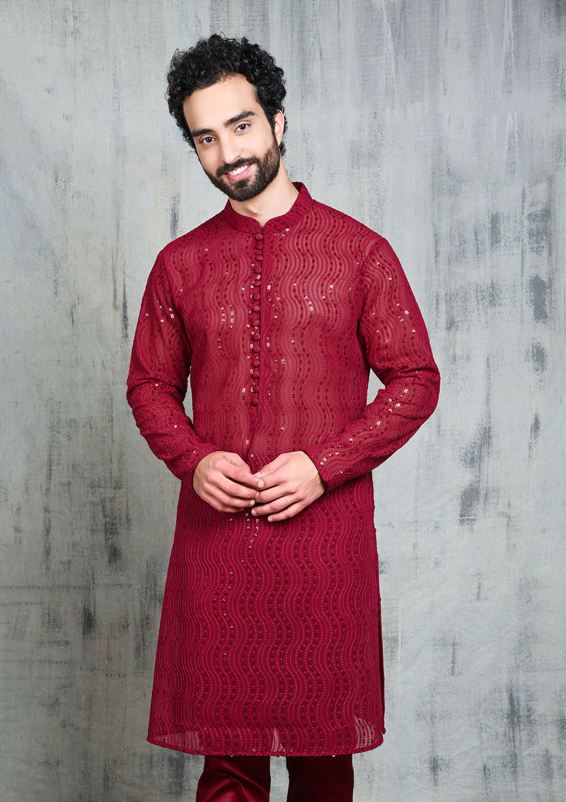 MAROON GEORGETTE ALL OVER SEQUINS EMBROIDERY KURTA PYJAMA SET
