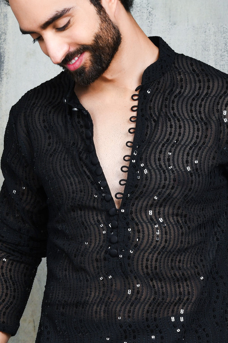Close up of Be Desi Men's Chikan Embroidery kurta with sequins work