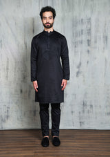 SATIN BLACK KURTA PYJAMA SET WITH PLEATED NECK DETAIL