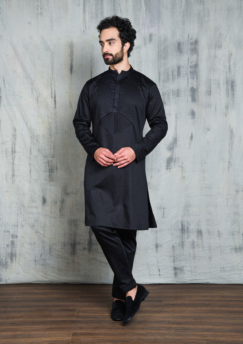 SATIN BLACK KURTA PYJAMA SET WITH PLEATED NECK DETAIL