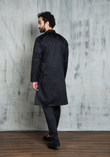 SATIN BLACK KURTA PYJAMA SET WITH PLEATED NECK DETAIL