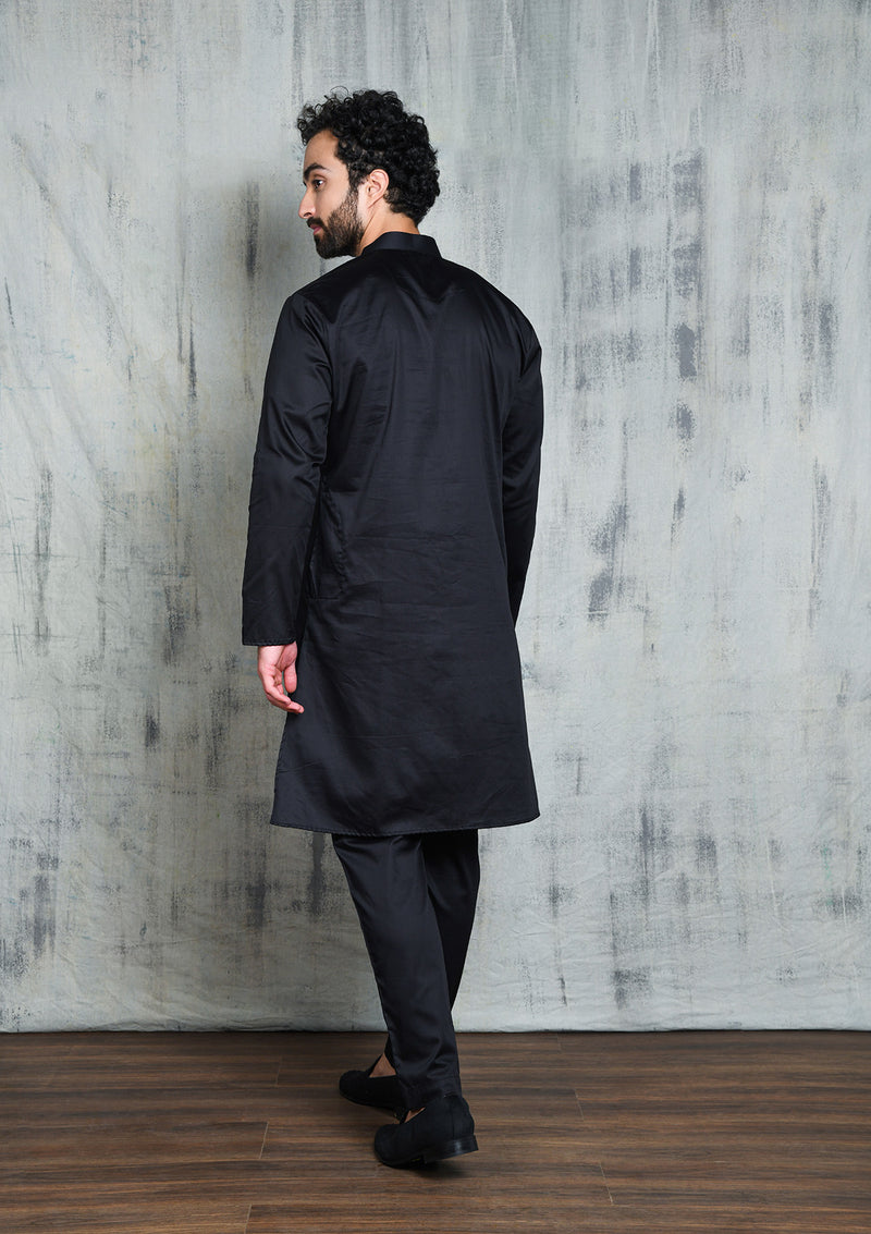 SATIN BLACK KURTA PYJAMA SET WITH PLEATED NECK DETAIL