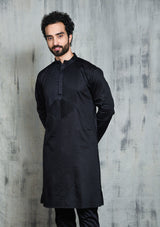 SATIN BLACK KURTA PYJAMA SET WITH PLEATED NECK DETAIL