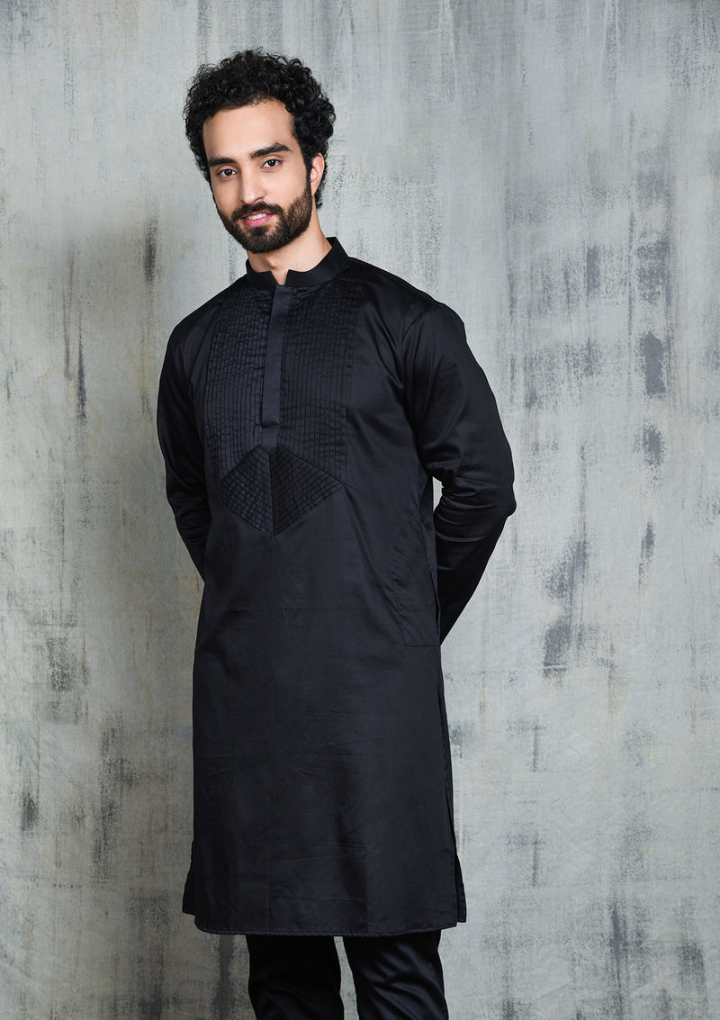 SATIN BLACK KURTA PYJAMA SET WITH PLEATED NECK DETAIL