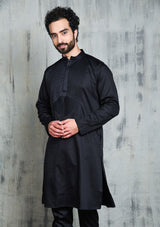 SATIN BLACK KURTA PYJAMA SET WITH PLEATED NECK DETAIL