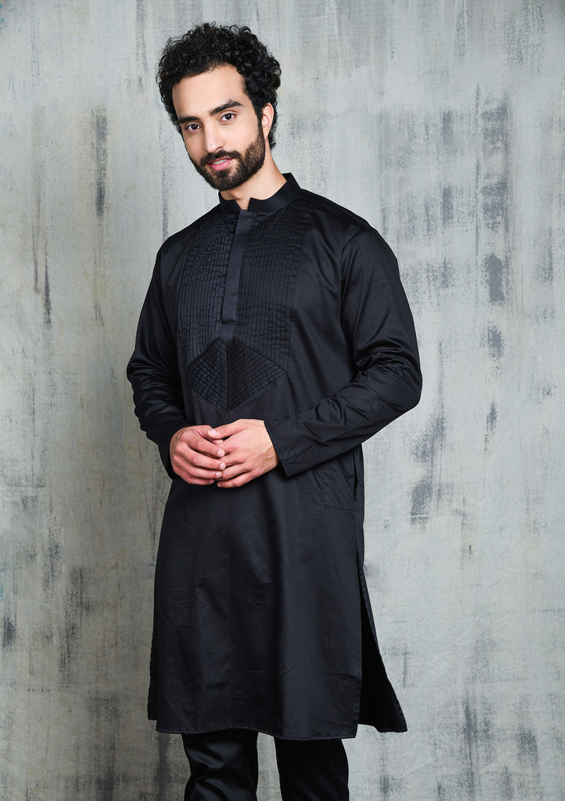 SATIN BLACK KURTA PYJAMA SET WITH PLEATED NECK DETAIL