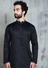 SATIN BLACK KURTA PYJAMA SET WITH PLEATED NECK DETAIL