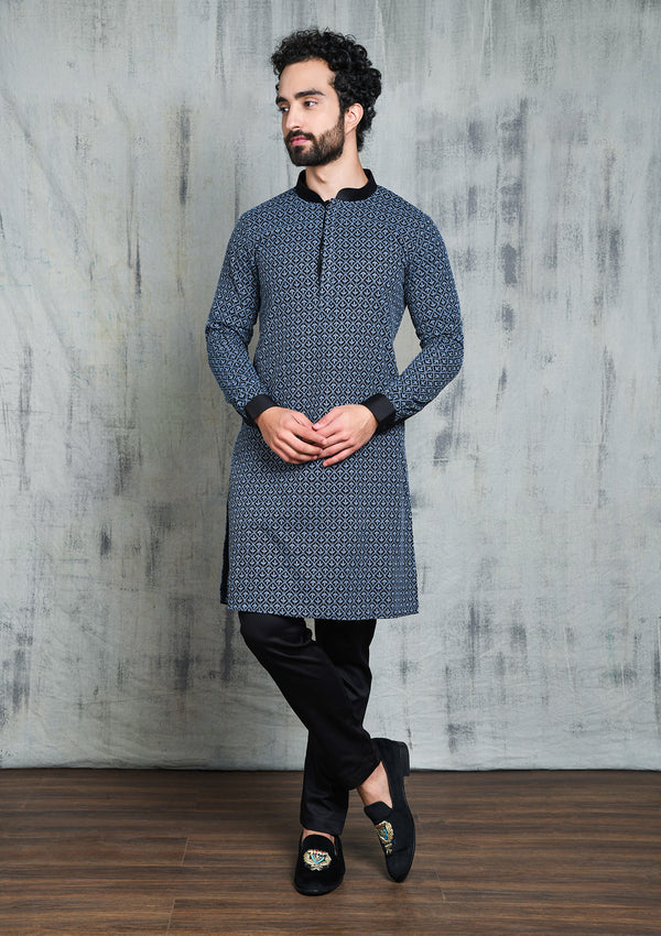 BLACK CUFF KURTA PYJAMA SET WITH GREY LEAF EMBROIDERY