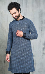 BLACK CUFF KURTA PYJAMA SET WITH GREY LEAF EMBROIDERY