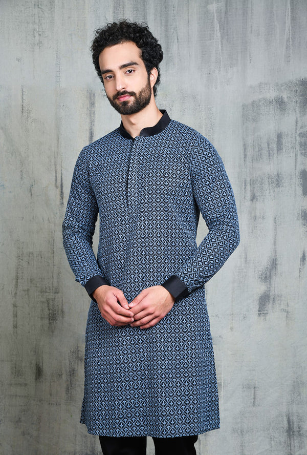 BLACK CUFF KURTA PYJAMA SET WITH GREY LEAF EMBROIDERY