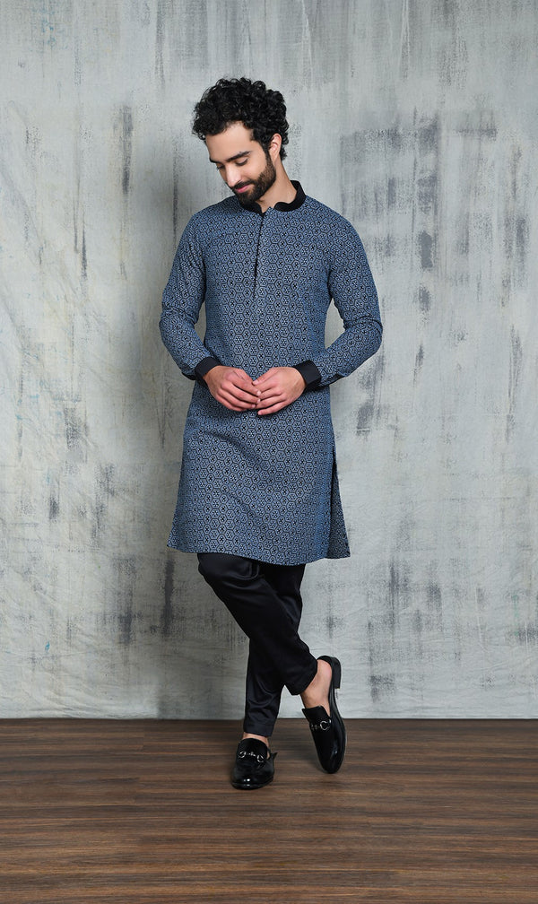 BLACK CUFF KURTA PYJAMA SET WITH GREY HONEYCOMB EMBROIDERY