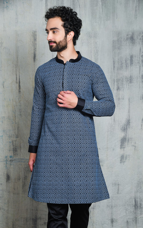 BLACK CUFF KURTA PYJAMA SET WITH GREY HONEYCOMB EMBROIDERY