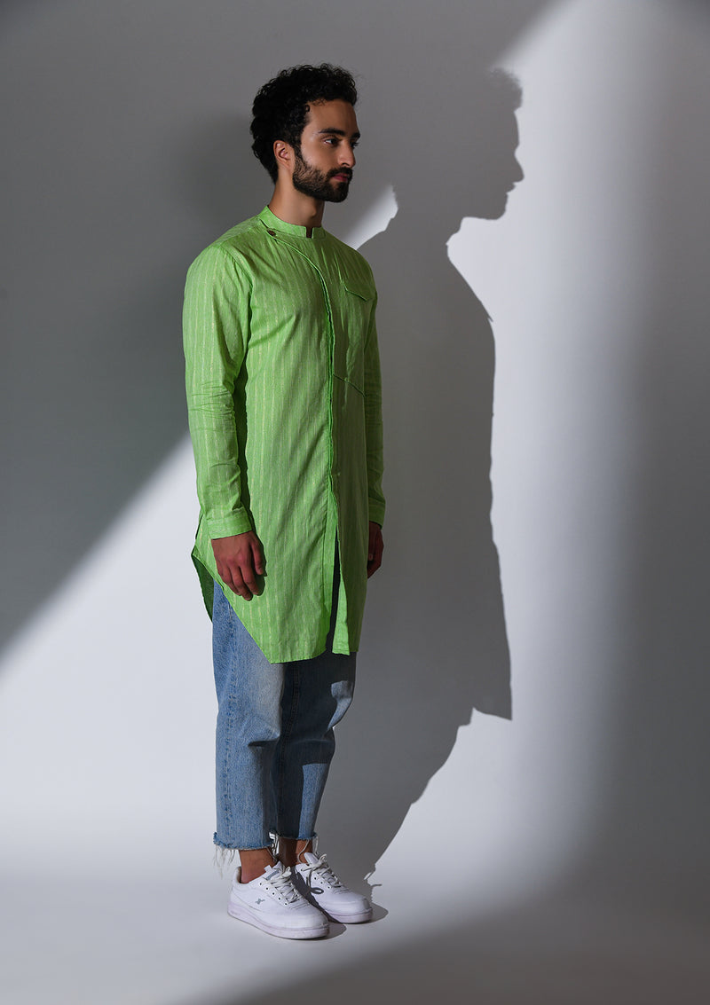 HAYGREEN COTTON OVERLAP PATCH ZARI LONG KURTA
