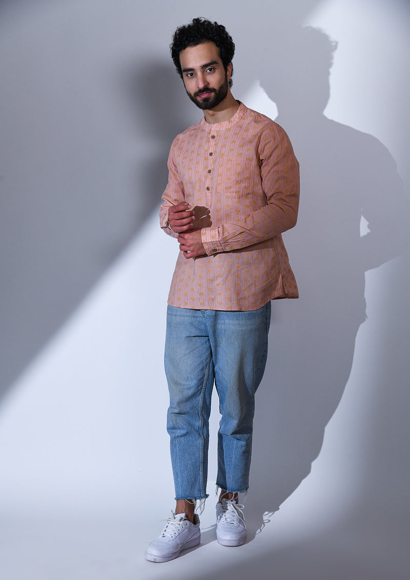 BLUSH PINK SELF DESIGN SLIM FIT COTTON SHORT KURTA
