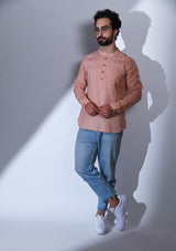 BLUSH PINK SELF DESIGN SLIM FIT COTTON SHORT KURTA