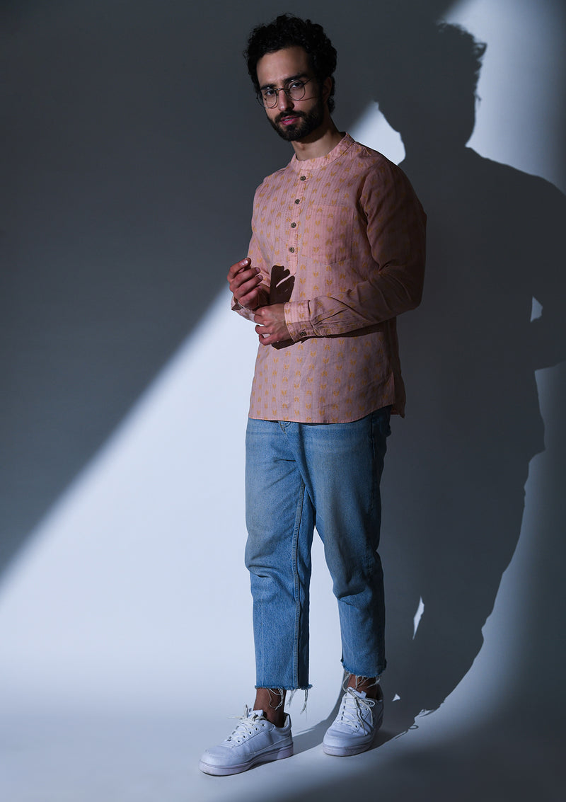 BLUSH PINK SELF DESIGN SLIM FIT COTTON SHORT KURTA