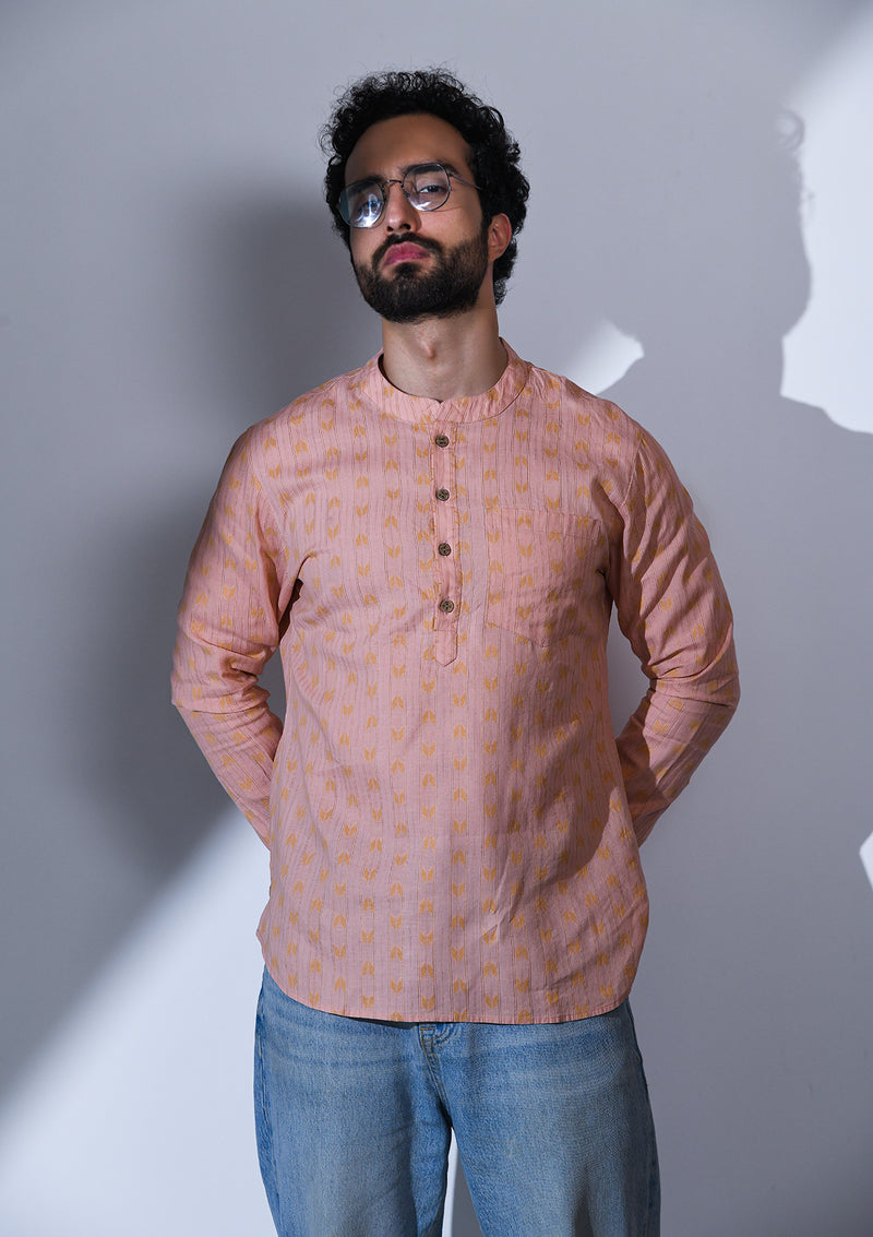 BLUSH PINK SELF DESIGN SLIM FIT COTTON SHORT KURTA