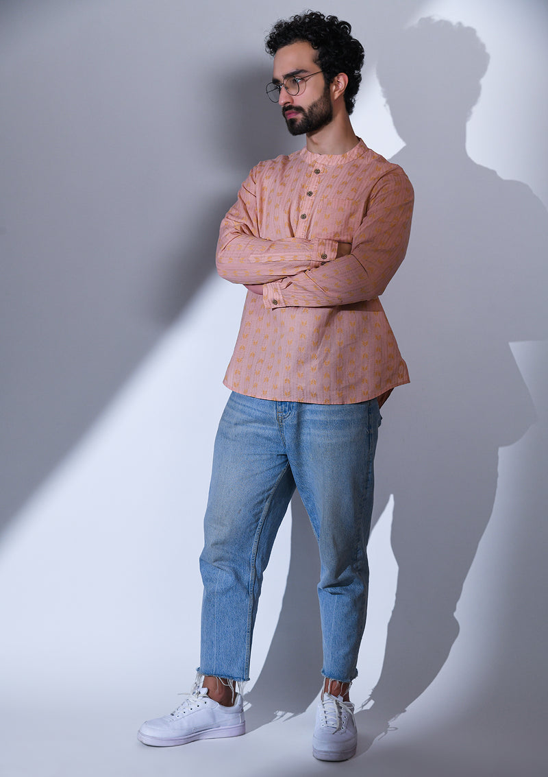 BLUSH PINK SELF DESIGN SLIM FIT COTTON SHORT KURTA