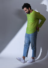 COTTON LEAF GREEN STRIPED  REGULAR FIT SHORT KURTA