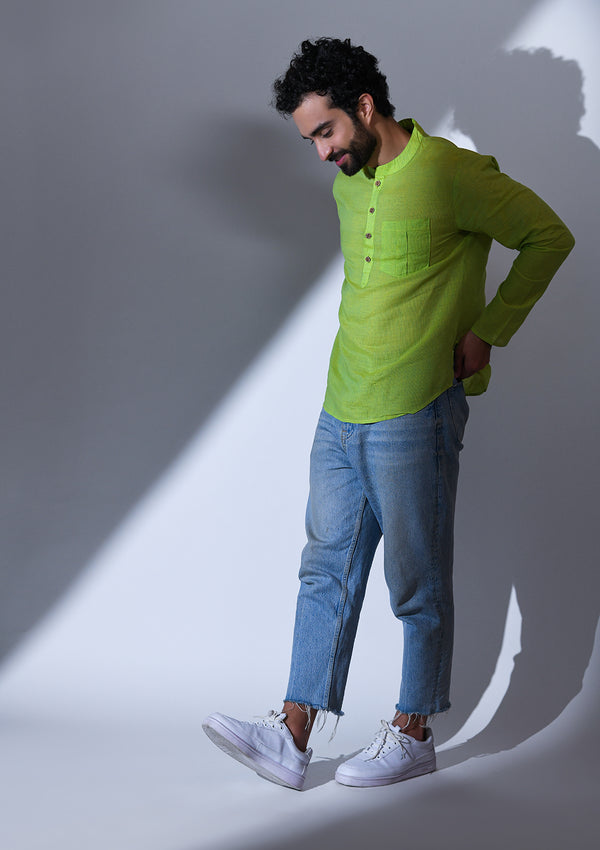 COTTON LEAF GREEN STRIPED  REGULAR FIT SHORT KURTA