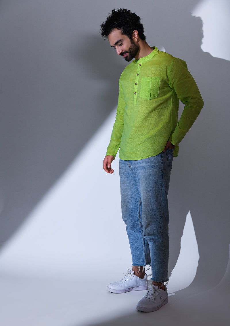 COTTON LEAF GREEN STRIPED  REGULAR FIT SHORT KURTA