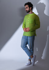 COTTON LEAF GREEN STRIPED  REGULAR FIT SHORT KURTA