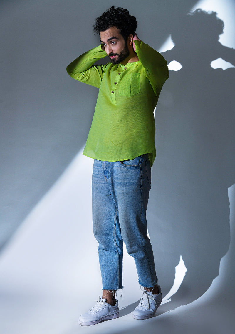 COTTON LEAF GREEN STRIPED  REGULAR FIT SHORT KURTA