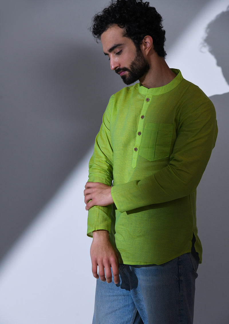 COTTON LEAF GREEN STRIPED  REGULAR FIT SHORT KURTA