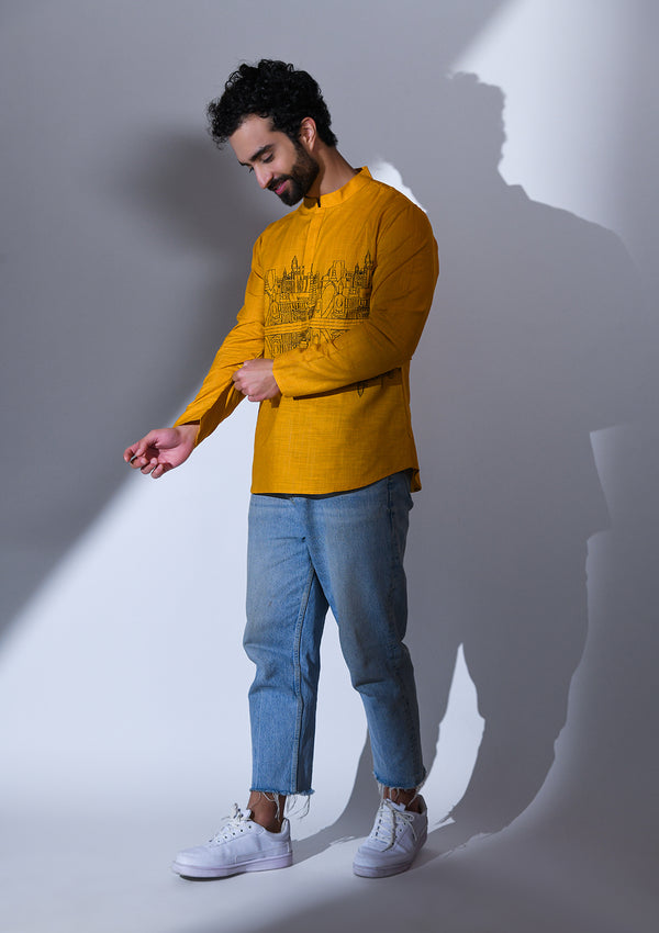 OCHRE REGULAR FIT SHORT KURTA WITH MIRROR LANDSCAPE EMBRIODERY