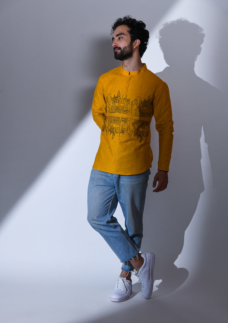OCHRE REGULAR FIT SHORT KURTA WITH MIRROR LANDSCAPE EMBRIODERY